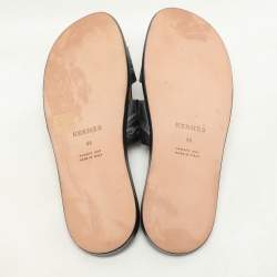 Hermes Black Ferronnerie Print Leather Izmir Flat Sandals Size 44