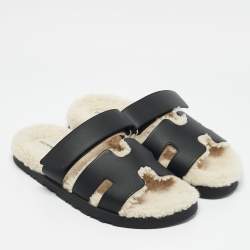 Hermes Black Leather Chypre Sandals Size 40.5