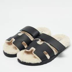 Hermes Black Leather Chypre Sandals Size 40.5