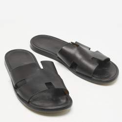 Hermes Black Leather Izmir Slide Sandals Size 40