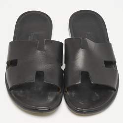 Hermes Black Leather Izmir Slide Sandals Size 40