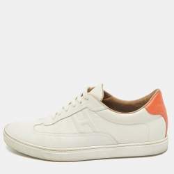 Hermes White/Orange Leather Quicker Low-Top Sneakers Size 41.5