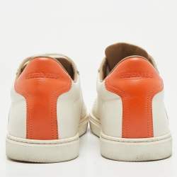 Hermes White/Orange Leather Quicker Low-Top Sneakers Size 41.5