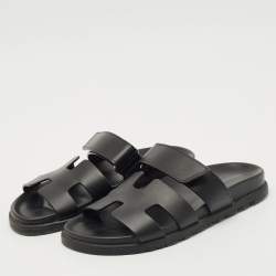 Hermes Black Leather Chypre Sandals Size 37