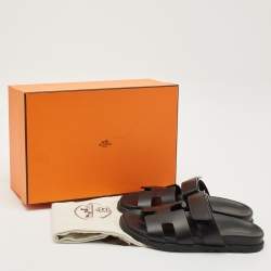 Hermes Black Leather Chypre Sandals Size 37