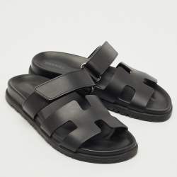 Hermes Black Leather Chypre Sandals Size 37