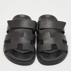 Hermes Black Leather Chypre Sandals Size 37