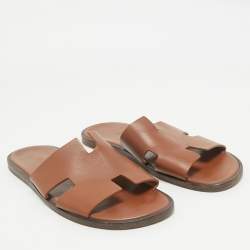 Hermes Brown Leather Izmir Flat Slides Size 44