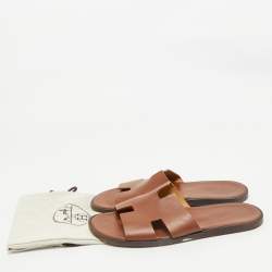 Hermes Brown Leather Izmir Flat Slides Size 44