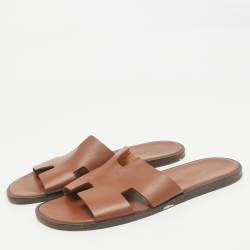 Hermes Brown Leather Izmir Flat Slides Size 44