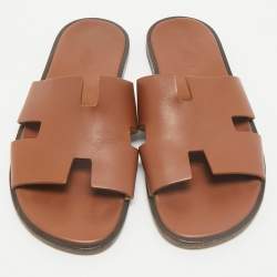 Hermes Brown Leather Izmir Flat Slides Size 44