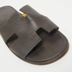 Hermes Dark Brown Leather Izmir Flat Slides Size 44