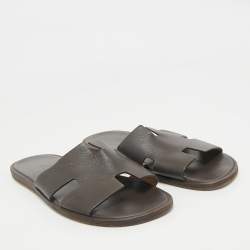 Hermes Dark Brown Leather Izmir Flat Slides Size 44