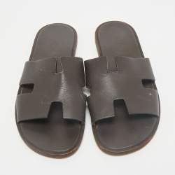 Hermes Dark Brown Leather Izmir Flat Slides Size 44