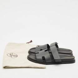 Hermes Grey Leather Chypre Flat Sandals Size 43.5