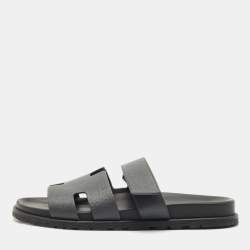 Hermes Grey Leather Chypre Flat Sandals Size 43.5