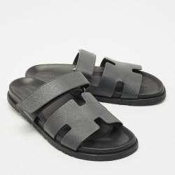 Hermes Grey Leather Chypre Flat Sandals Size 43.5