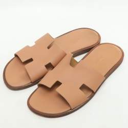 Hermes Beige Leather Izmir Flat Slides Size 41