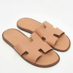 Hermes Beige Leather Izmir Flat Slides Size 41