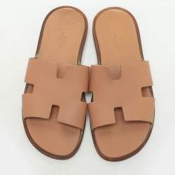 Hermes Beige Leather Izmir Flat Slides Size 41