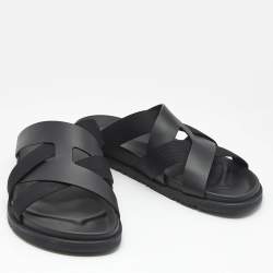 Hermes Black Leather and Fabric Kazimir Sandals Size 45.5
