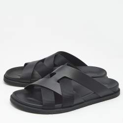 Hermes Black Leather and Fabric Kazimir Sandals Size 45.5