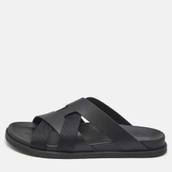 Hermes Black Leather and Fabric Kazimir Sandals Size 45.5