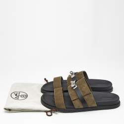 Pre Owned Hermes Dark Green/Black Suede and Leather Jackson Sandals Size 46