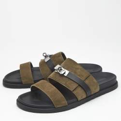 Pre Owned Hermes Dark Green/Black Suede and Leather Jackson Sandals Size 46