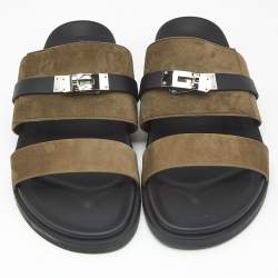 Pre Owned Hermes Dark Green/Black Suede and Leather Jackson Sandals Size 46