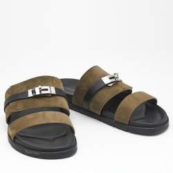 Pre Owned Hermes Dark Green/Black Suede and Leather Jackson Sandals Size 46