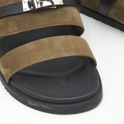Pre Owned Hermes Dark Green/Black Suede and Leather Jackson Sandals Size 46