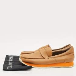 Pre Owned Hermes Brown Leather Slip On Loafers Size 41.5