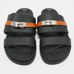 Pre Owned Hermes Black/Brown Leather Jackson Slide Sandals Size 41