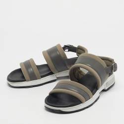 Pre Owned Hermes Grey/Brown Leather and Neoprene Flat Sandals Size 43