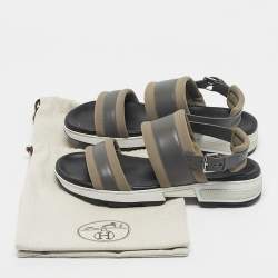 Pre Owned Hermes Grey/Brown Leather and Neoprene Flat Sandals Size 43