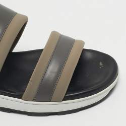 Pre Owned Hermes Grey/Brown Leather and Neoprene Flat Sandals Size 43