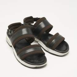 Pre Owned Hermes Black/Brown Leather and Neoprene Flat Sandals Size 43