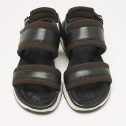 Pre Owned Hermes Black/Brown Leather and Neoprene Flat Sandals Size 43