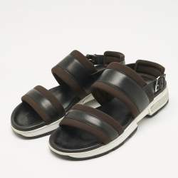 Pre Owned Hermes Black/Brown Leather and Neoprene Flat Sandals Size 43