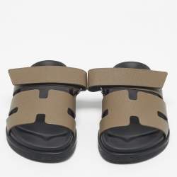 Pre Owned Hermès Dark Green Leather Chypre Slide Sandals Size 39
