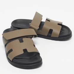 Pre Owned Hermès Dark Green Leather Chypre Slide Sandals Size 39
