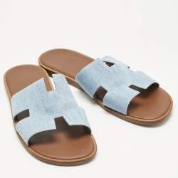 Pre Owned Hermes Blue Denim Izmir Flat Slide Sandals Size 45.5