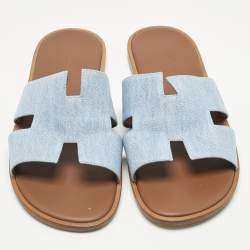 Pre Owned Hermes Blue Denim Izmir Flat Slide Sandals Size 45.5