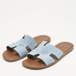 Pre Owned Hermes Blue Denim Izmir Flat Slide Sandals Size 45.5