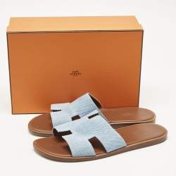 Pre Owned Hermes Blue Denim Izmir Flat Slide Sandals Size 45.5