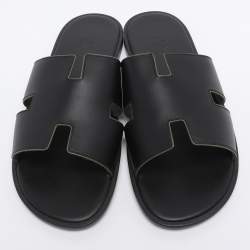 Pre Owned Hermés Black Leather Izmir Flat Slides Size 43