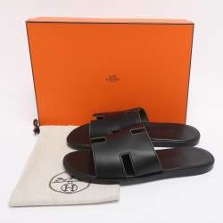 Pre Owned Hermés Black Leather Izmir Flat Slides Size 43