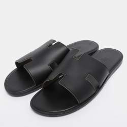 Pre Owned Hermés Black Leather Izmir Flat Slides Size 43