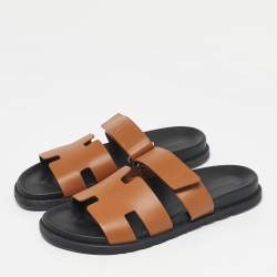 Pre Owned Hermes Brown Leather Chypre Flat Slide Size 42